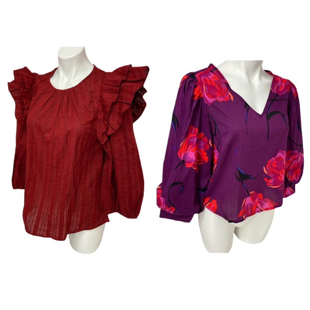 Lot of 2 Womens Tops Small Floral V Neck Poof Sleeve Ruffle Round Purple Red